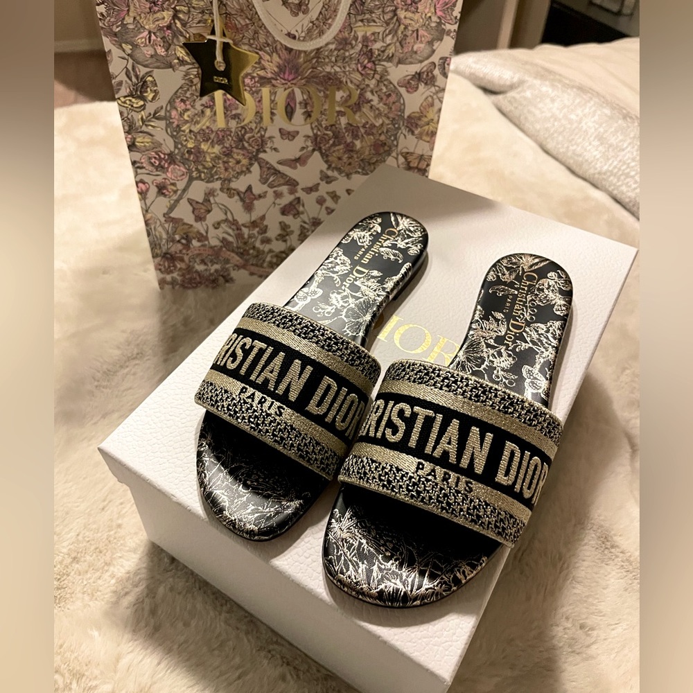 Christian Dior Black and Gold-Tone Toile de Jouy Mexico Embroidered Slides